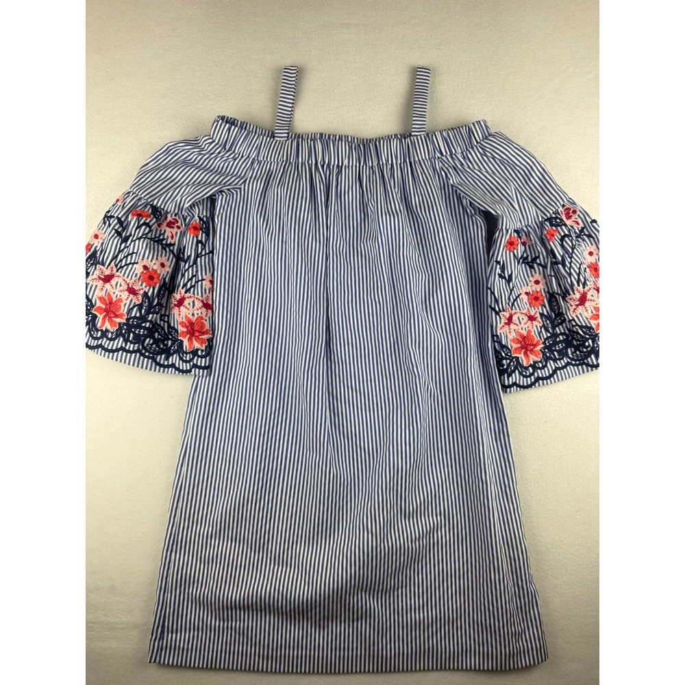 J Howard Womens Blue White Striped Floral Embroidered Cold Shoulder Dress Size 8